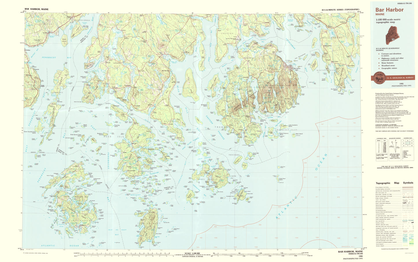 Topographical Map - Bar Harbor Maine Quad - USGS 1985 - 23 x 36.69 - Vintage Wall Art