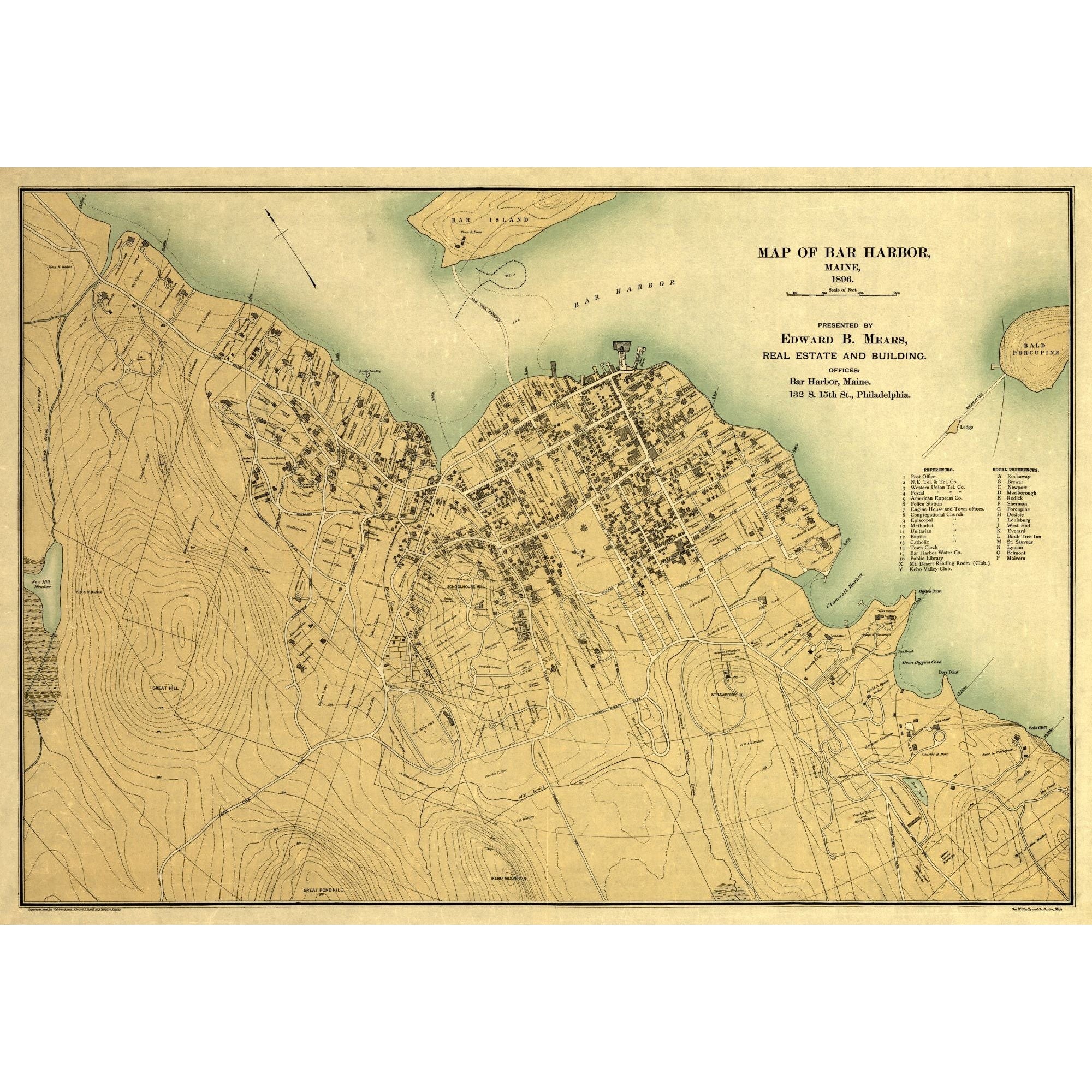 Map Mears Historic City Map - Bar Harbor Maine - Mears 1896 - 33.14 x 23 - Vinta ...