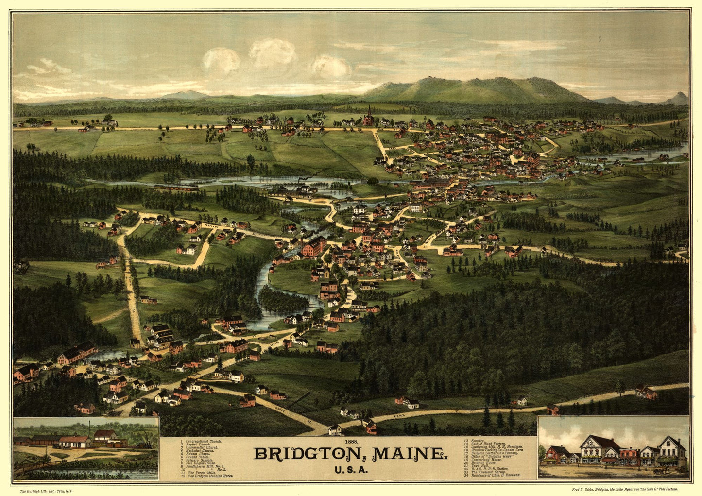 Historic Panoramic View - Bridgton Maine - Burleigh 1888 - 32.56 x 23 - Vintage Wall Art