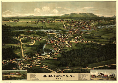 Historic Panoramic View - Bridgton Maine - Burleigh 1888 - 32.56 x 23 - Vintage Wall Art