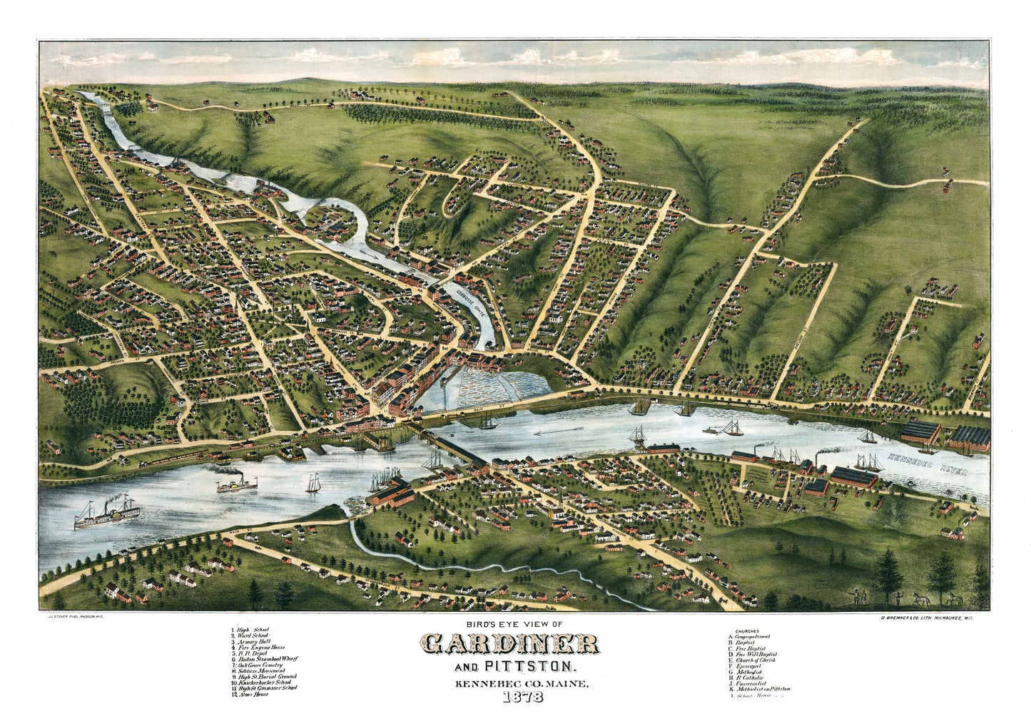 Historic Panoramic View - Gardiner Maine - Stoner 1878 - 33.09 x 23 - Vintage Wall Art