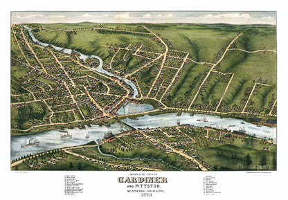 Historic Panoramic View - Gardiner Maine - Stoner 1878 - 33.09 x 23 - Vintage Wall Art