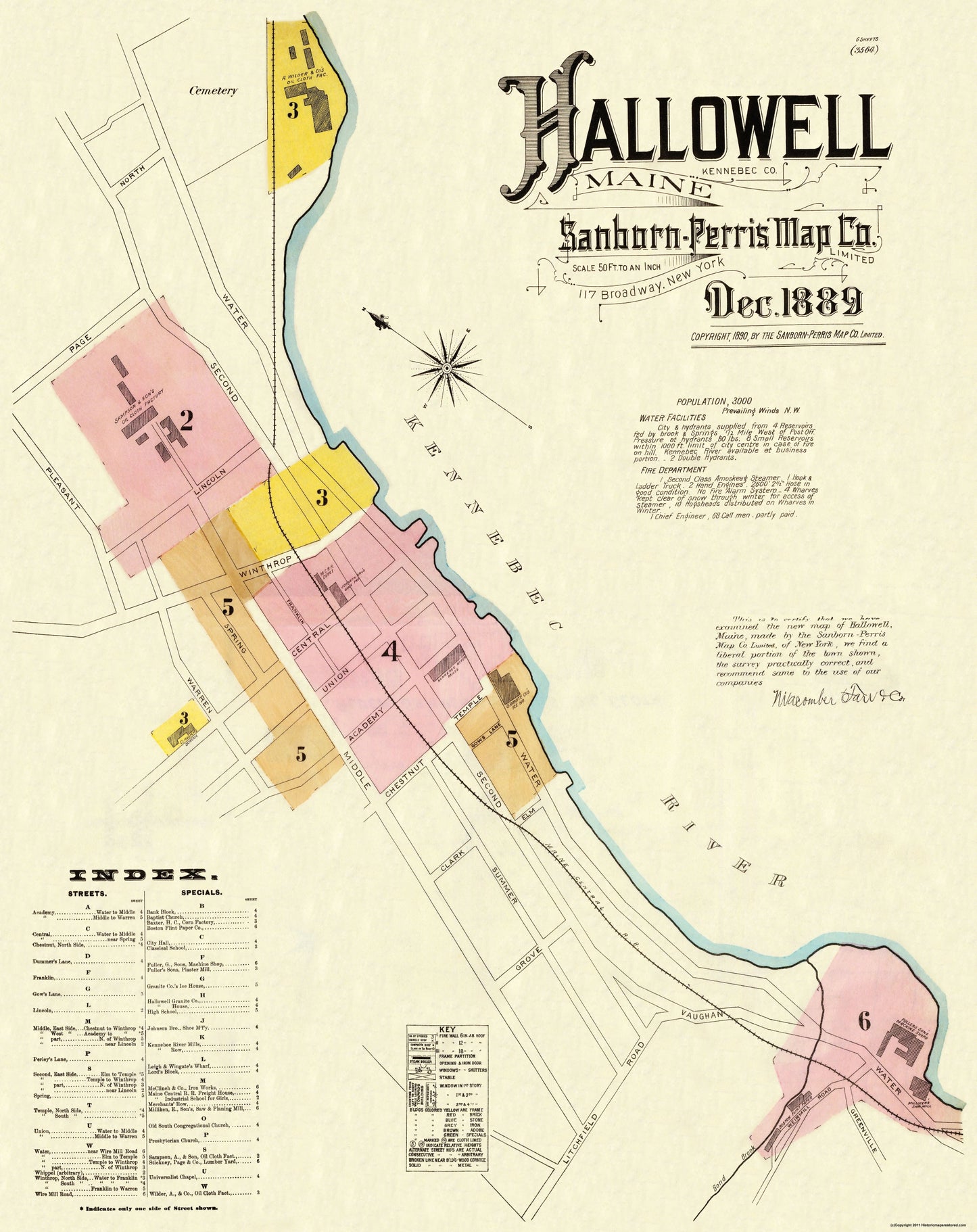 Historic City Map - Hallowell Maine - Sanborn 1889 - 23 x 29 - Vintage Wall Art