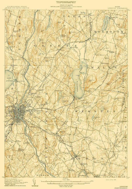 Topographical Map - Lewiston Maine Quad - USGS 1908 - 23 x 33.01 - Vintage Wall Art