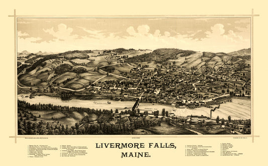 Historic Panoramic View - Livermore Falls Maine - Norris 1889 - 37.04 x 23 - Vintage Wall Art