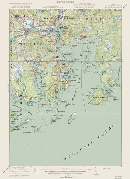 Topographical Map - Machias Washington County Maine Quad - USGS 1918 - 23 x 31.61 - Vintage Wall Art