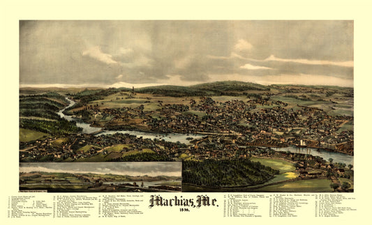 Historic Panoramic View - Machias Maine - Norris 1896 - 37.93 x 23 - Vintage Wall Art