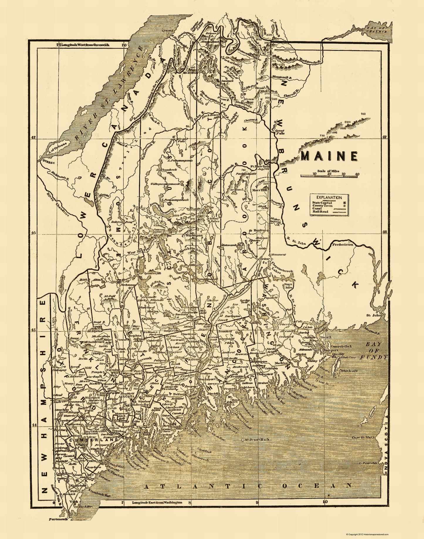 Historic State Map - Maine - 1890 - 23 x 29.23 - Vintage Wall Art