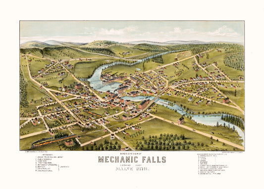 Historic Panoramic View - Mechanic Falls Maine - Stoner 1878 - 32 x 23 - Vintage Wall Art