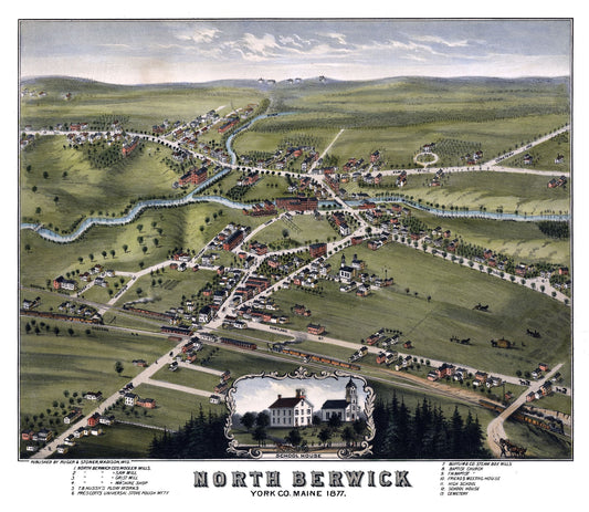 Historic Panoramic View - North Berwick Maine - Stoner 1877 - 26.48 x 23 - Vintage Wall Art