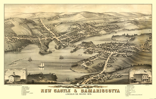 Historic Panoramic View - New Castle Damariscotta Maine - Stoner 1878 - 36.06 x 23 - Vintage Wall Art