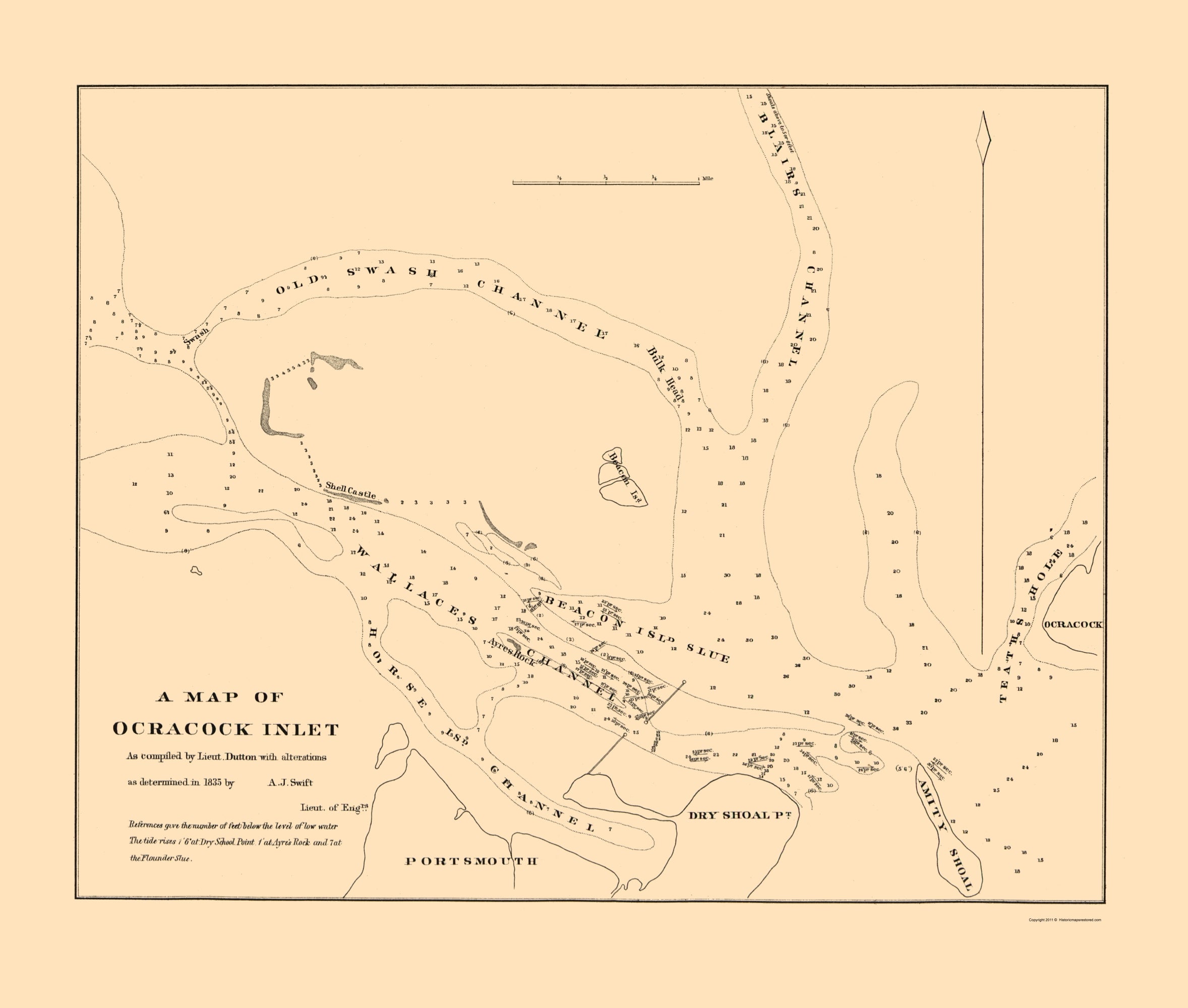 Old Map Inlet Historic Nautical Map - Ocracock Inlet - Swift 1835 - 23 x 27.09 - Vin ...