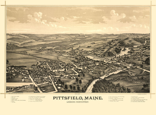 Historic Panoramic View - Pittsfield Maine - Norris 1889 - 31.18 x 23 - Vintage Wall Art