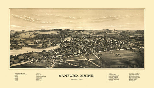 Historic Panoramic View - Sanford Maine - Norris 1889 - 40.14 x 23 - Vintage Wall Art