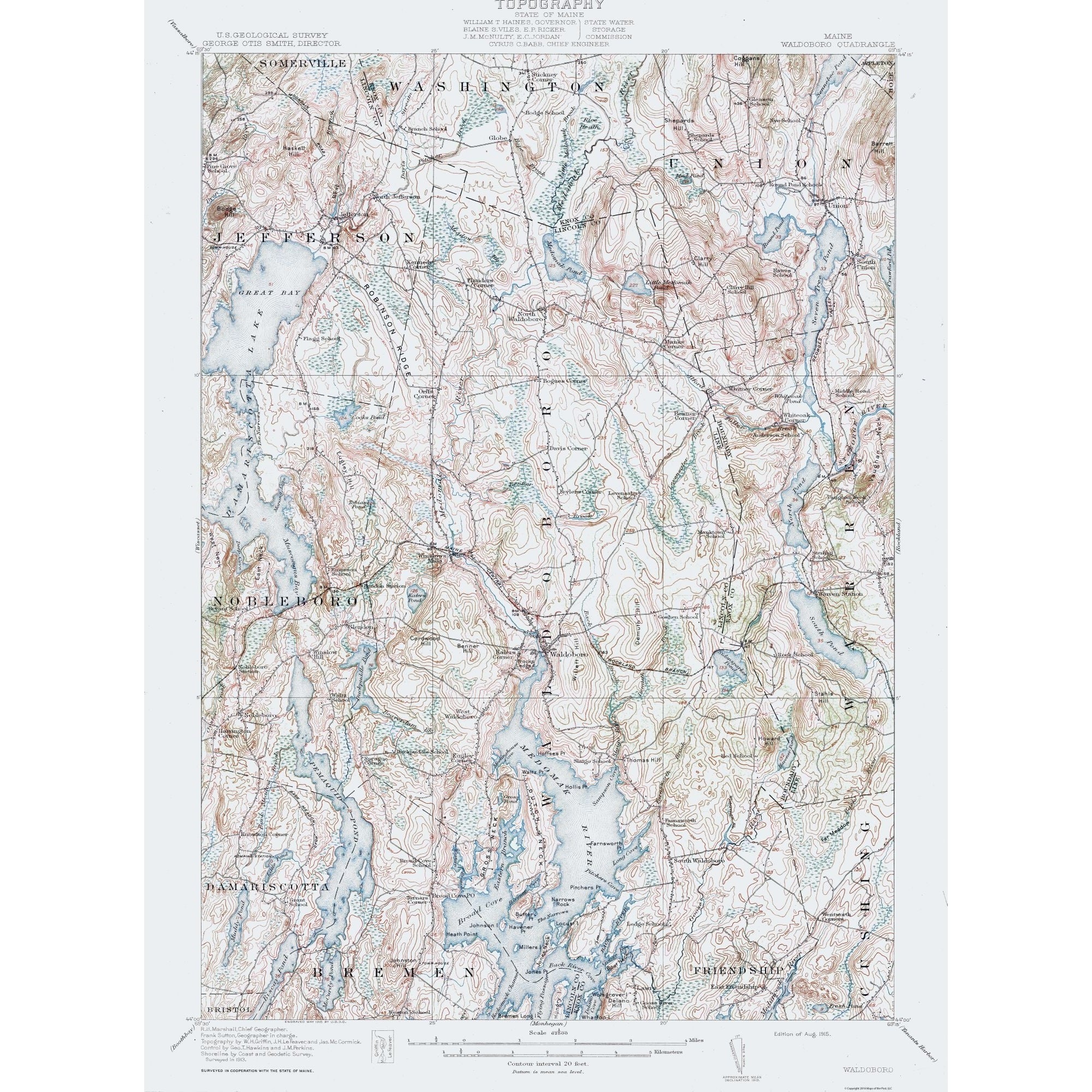 Topographical Map Waldoboro Maine Quad USGS 1915 23 x 31.24 Vi