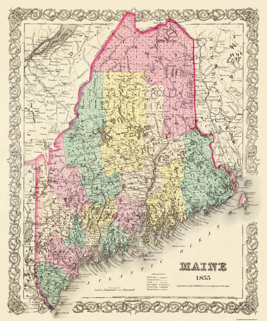 Historic State Map - Maine - Colton 1855 - 23 x 27.63 - Vintage Wall Art