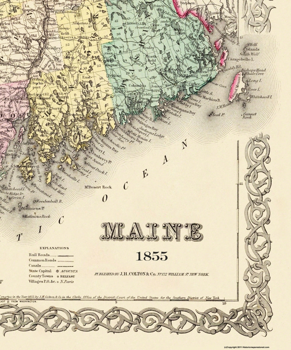 Historic State Map - Maine - Colton 1855 - 23 x 27.63 - Vintage Wall Art