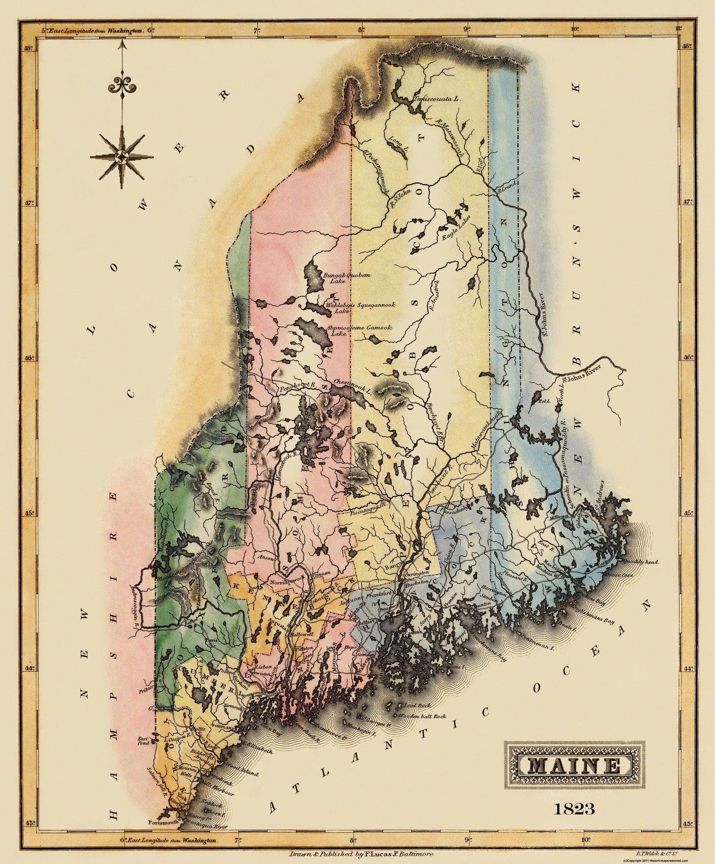 Historic State Map - Maine - Lucas 1823 - 23 x 27.81 - Vintage Wall Art