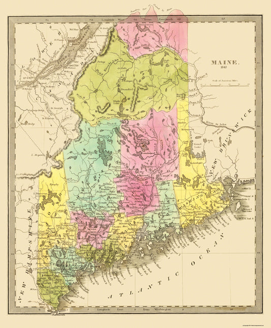 Historic State Map - Maine - Greenleaf 1840 - 23 x 27.8 - Vintage Wall Art