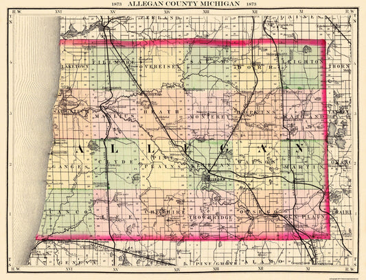 Historic County Map - Allegan County Michigan - Walling 1873 - 30 x 23 - Vintage Wall Art