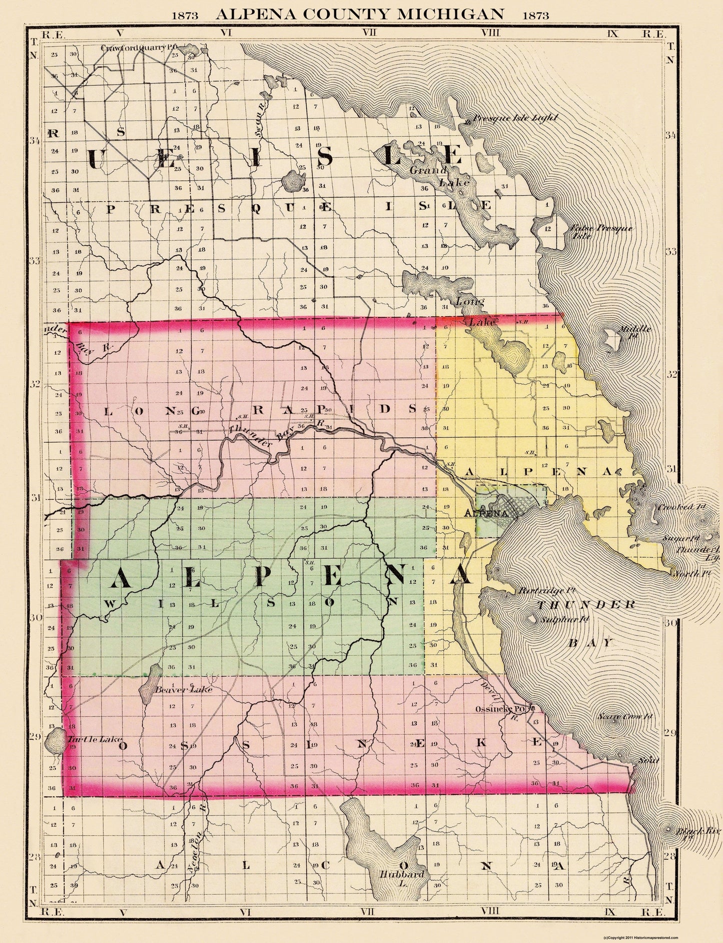 Historic County Map - Alpena County Michigan - Walling 1873 - 23 x 30 - Vintage Wall Art