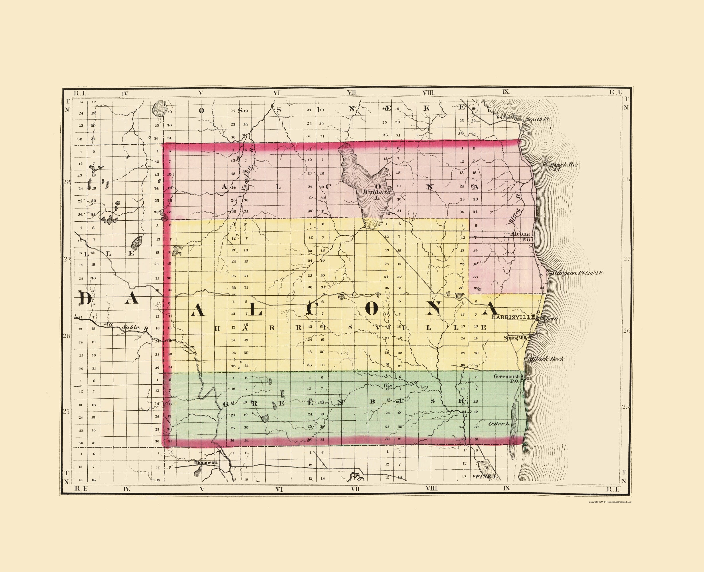 Historic County Map - Alcona County Michigan - Walling 1873 - 23 X 28 