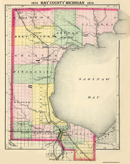 Historic County Map - Bay County Michigan - Walling 1873 - 23 x 29 - Vintage Wall Art