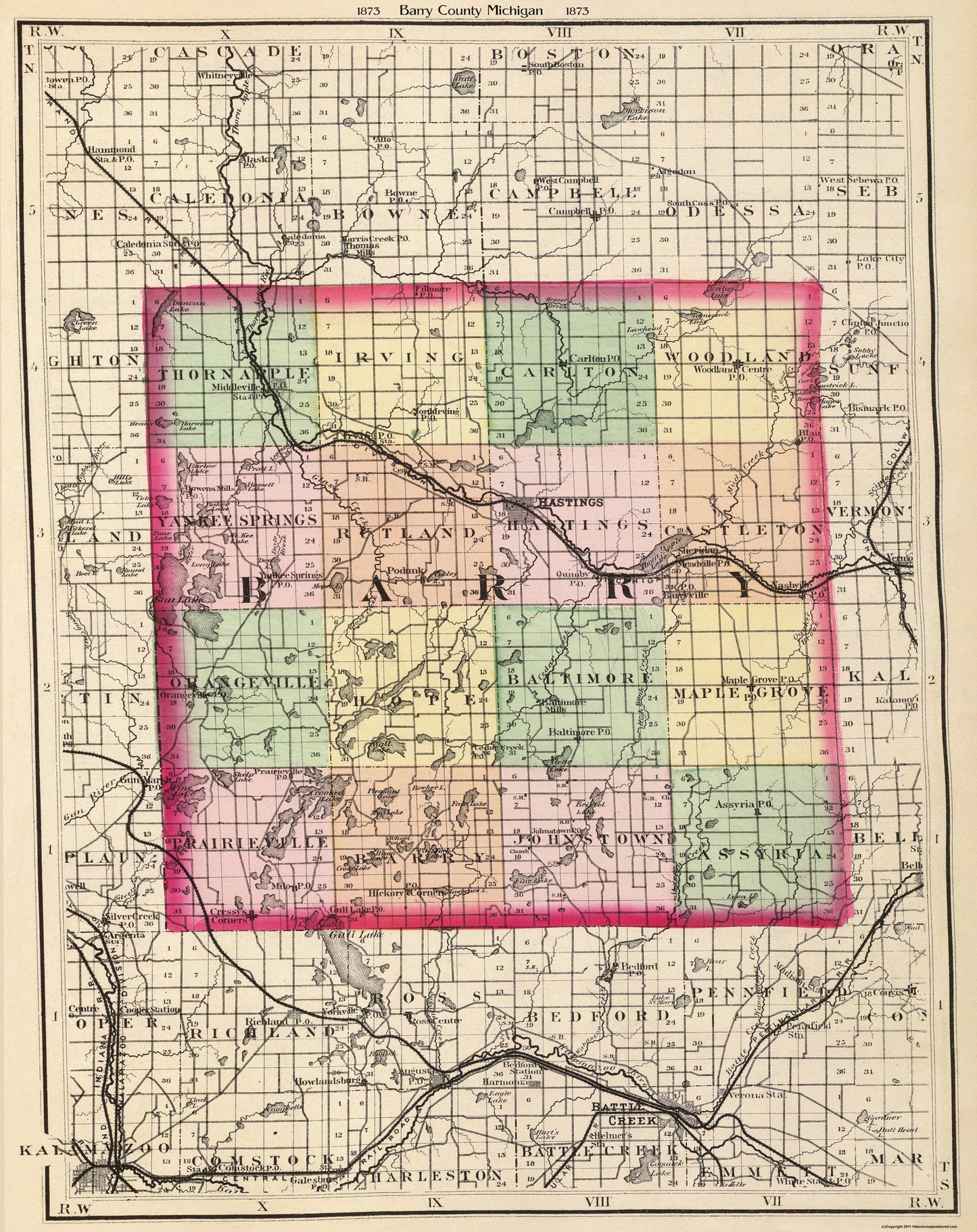 Historic County Map - Barry County Michigan - Walling 1873 - 23 x 29 - Vintage Wall Art