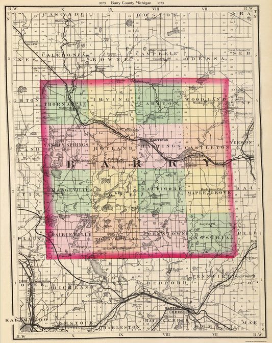 Historic County Map - Barry County Michigan - Walling 1873 - 23 x 29 - Vintage Wall Art