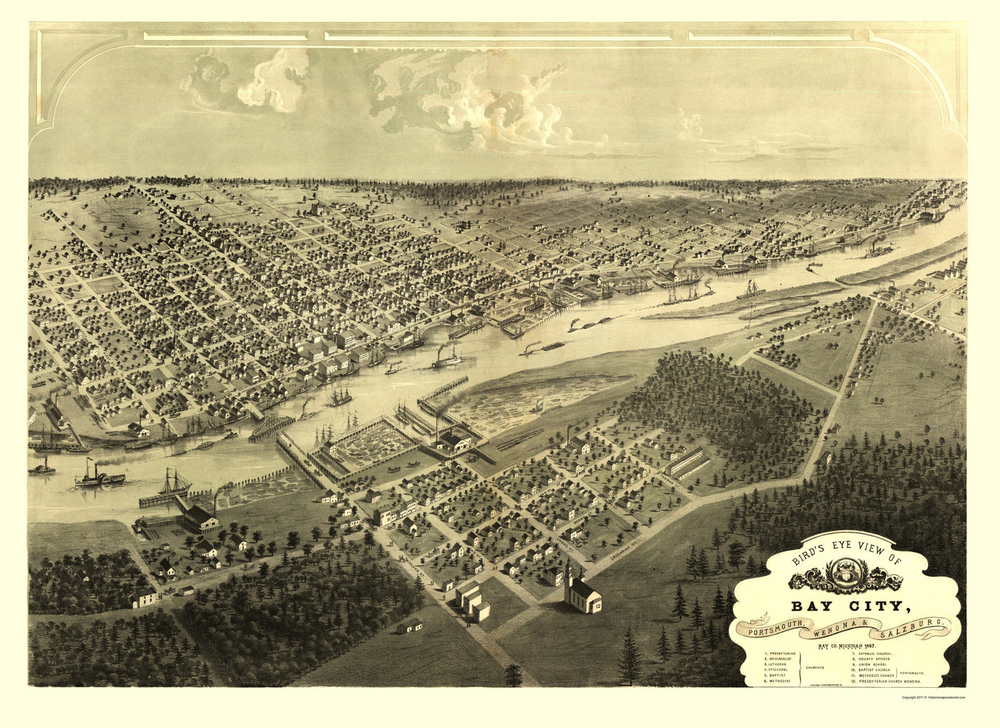 Historic Panoramic View - Bay City Michigan - Ruger 1867 - 23 x 31.57 - Vintage Wall Art