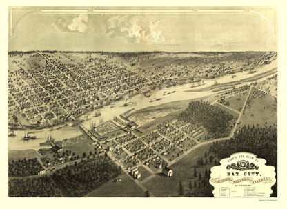 Historic Panoramic View - Bay City Michigan - Ruger 1867 - 23 x 31.57 - Vintage Wall Art