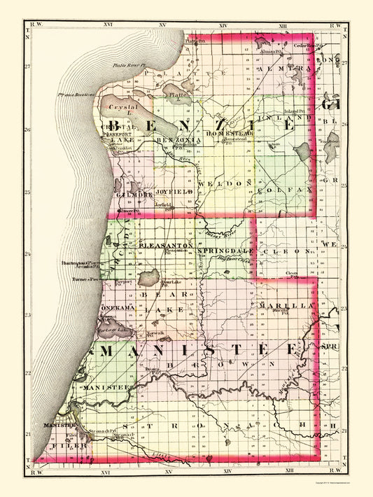 Historic County Map- Benzie Manistee Counteis Michigan - Walling 1873 - Vintage Wall Art