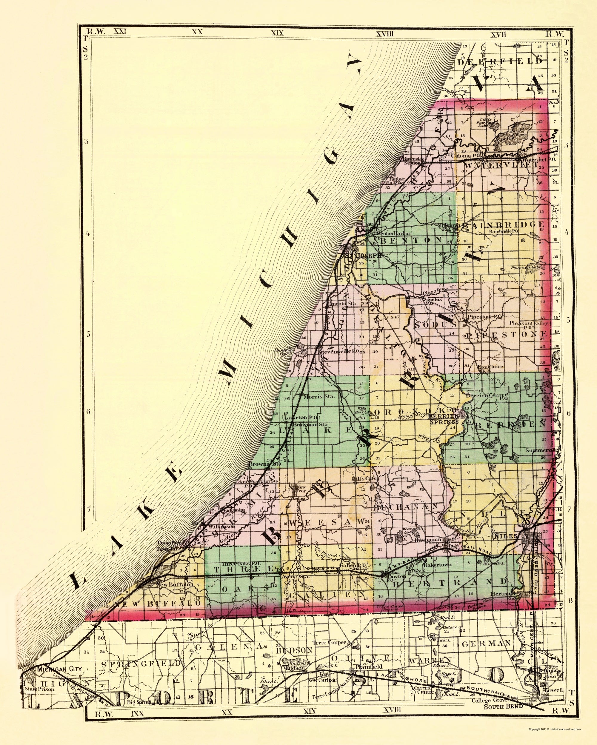 Historic County Map - Berrien County Michigan - Walling 1873 - 23 x 28 ...