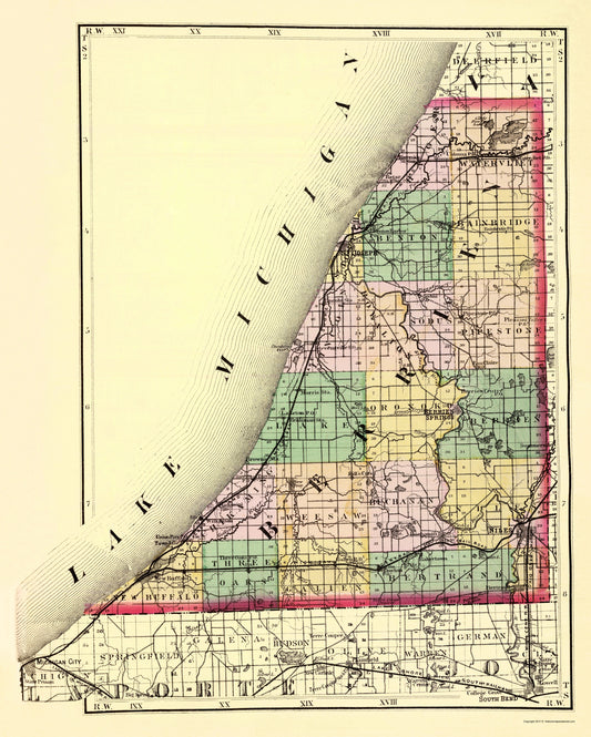 Historic County Map - Berrien County Michigan - Walling 1873 - Vintage Wall Art