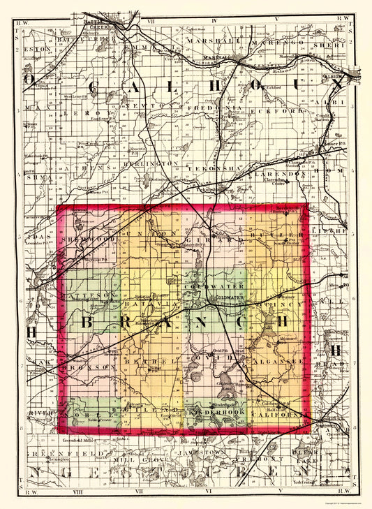 Historic County Map - Branch County Michigan - Walling 1873 - Vintage Wall Art