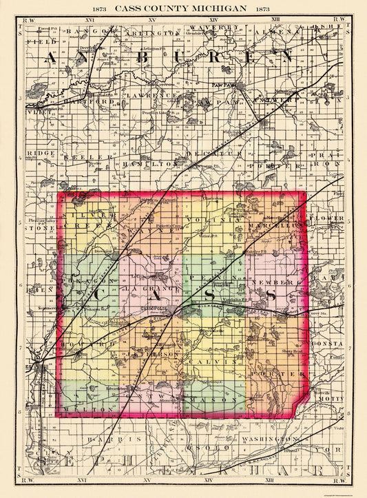 Historic County Map - Cass County Michigan - Walling 1873 - 23 x 31.19 - Vintage Wall Art