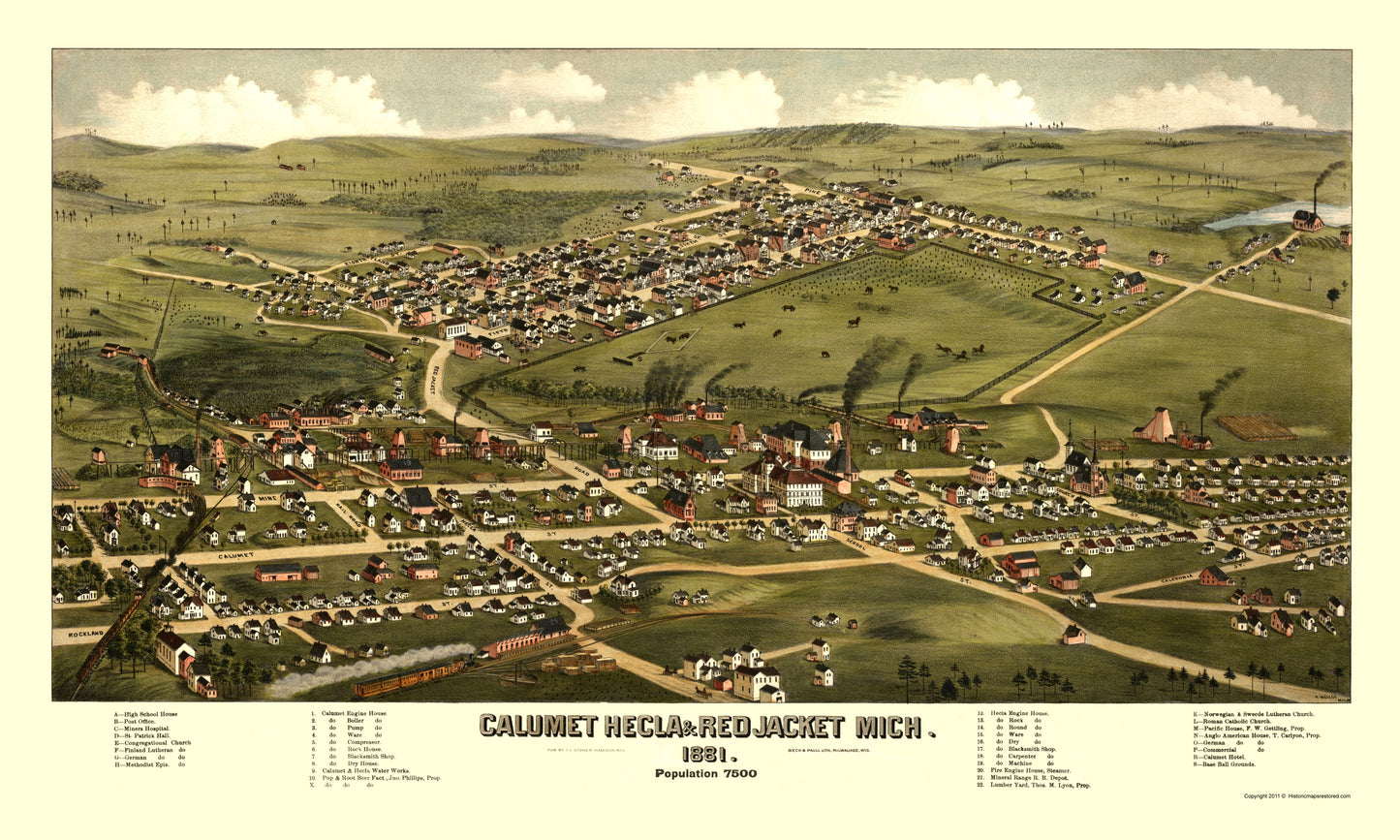 Historic Panoramic View - Calumet Hecla Red Jacket Michigan - Stoner 1881 - 23 x 38.33 - Vintage Wall Art