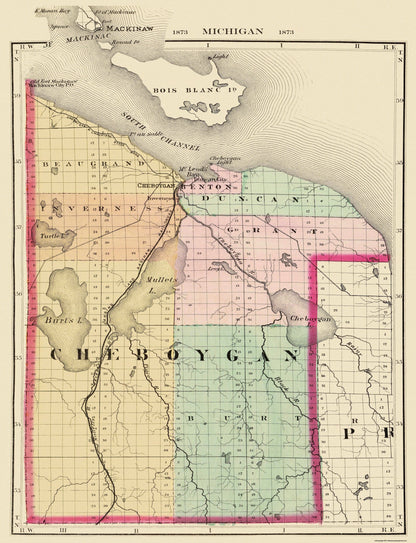 Historic County Map - Cheboygan County Michigan - Walling 1873 - 23 x 30 - Vintage Wall Art