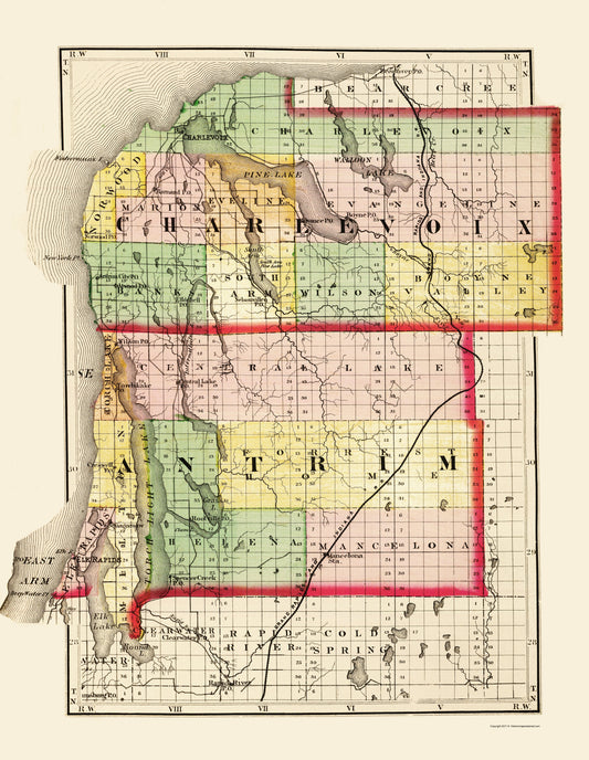 Historic County Map- Charlevoix Antrim Counties Michigan - Walling 1873 - Vintage Wall Art