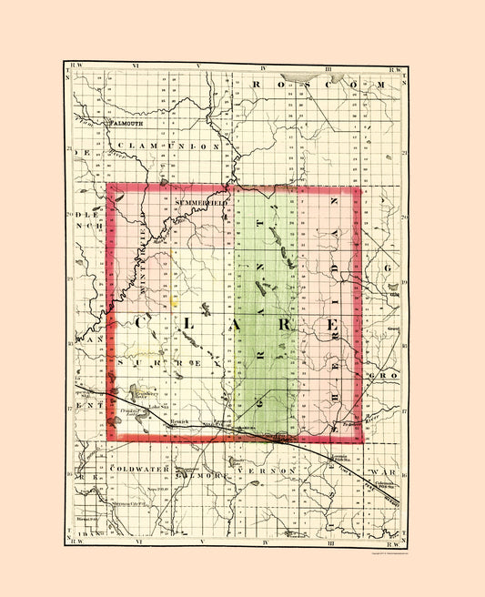 Historic County Map - Clare County Michigan - Walling 1873 - Vintage Wall Art