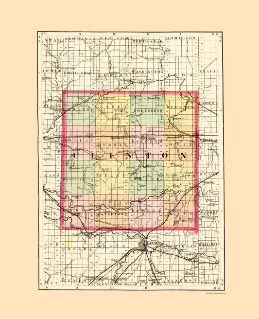 Historic County Map - Clinton County Michigan - Walling 1873 - Vintage Wall Art
