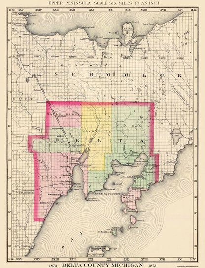 Historic County Map - Delta County Michigan - Walling 1873 - 23 x 30 - Vintage Wall Art