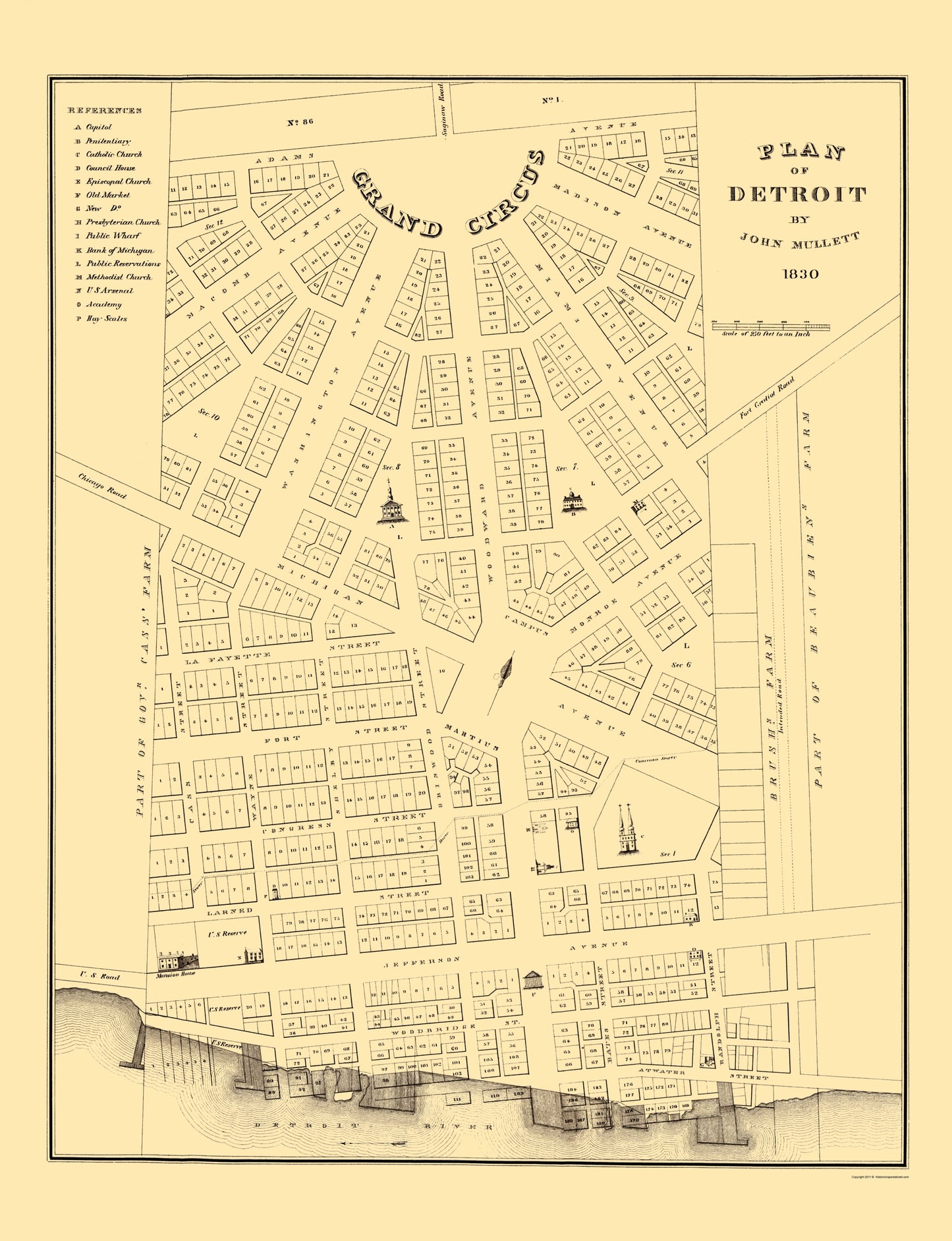 Historic City Map - Detroit Michigan Plan - Mullet 1830 - 23 x 29.97 - Vintage Wall Art