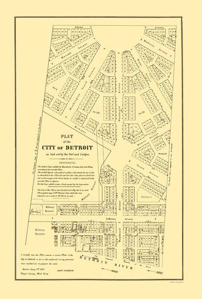 Historic City Map - Detroit Michigan Territory Plat - Farmer 1831 - 23 x 34.03 - Vintage Wall Art