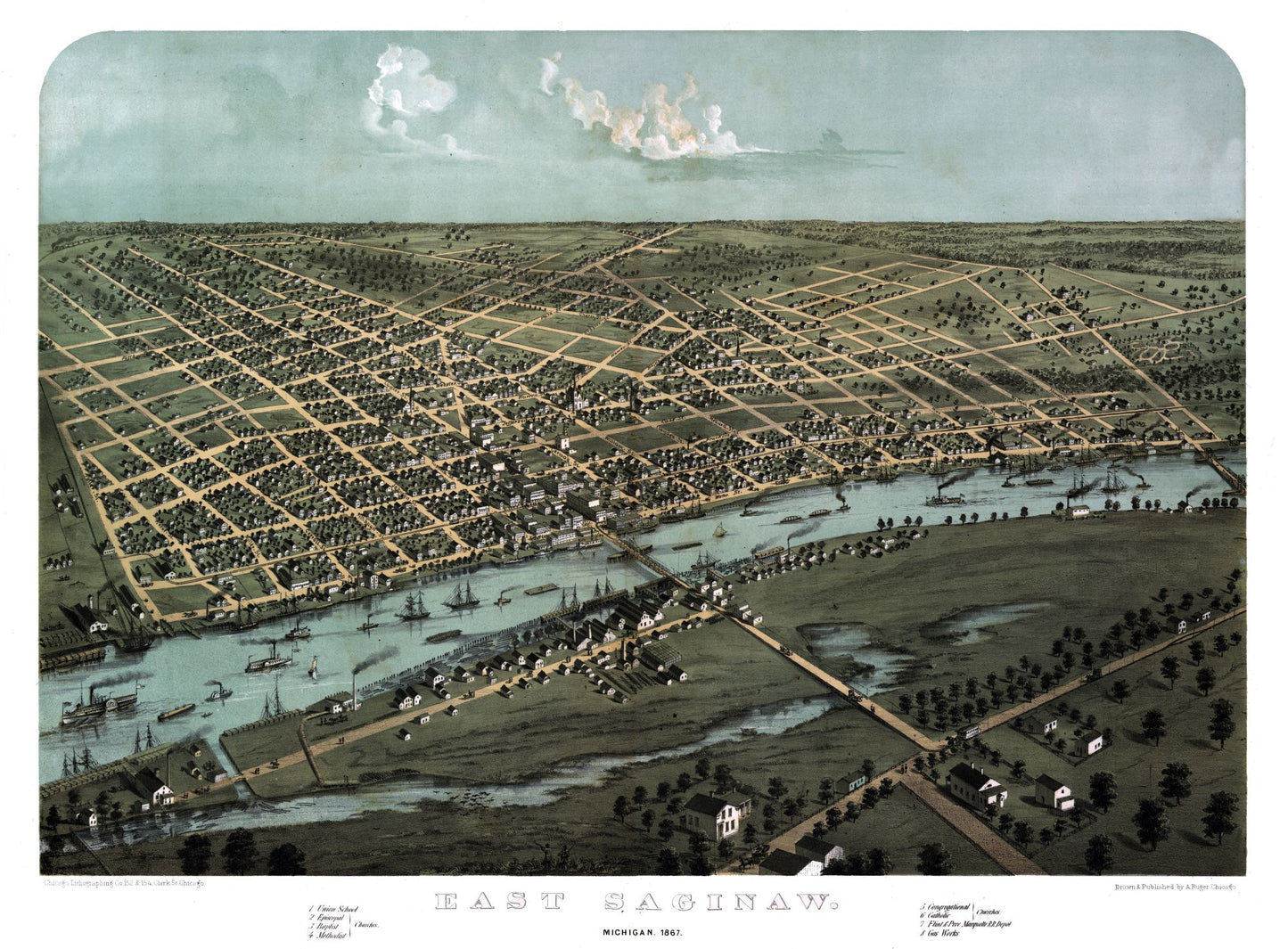 Historic Panoramic View - East Saginaw Michigan - Ruger 1867 - 31.21 x 23 - Vintage Wall Art