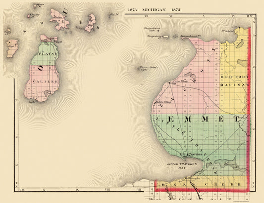 Historic County Map - Emmet County Michigan - Walling 1873 - 29.81 x 23 - Vintage Wall Art