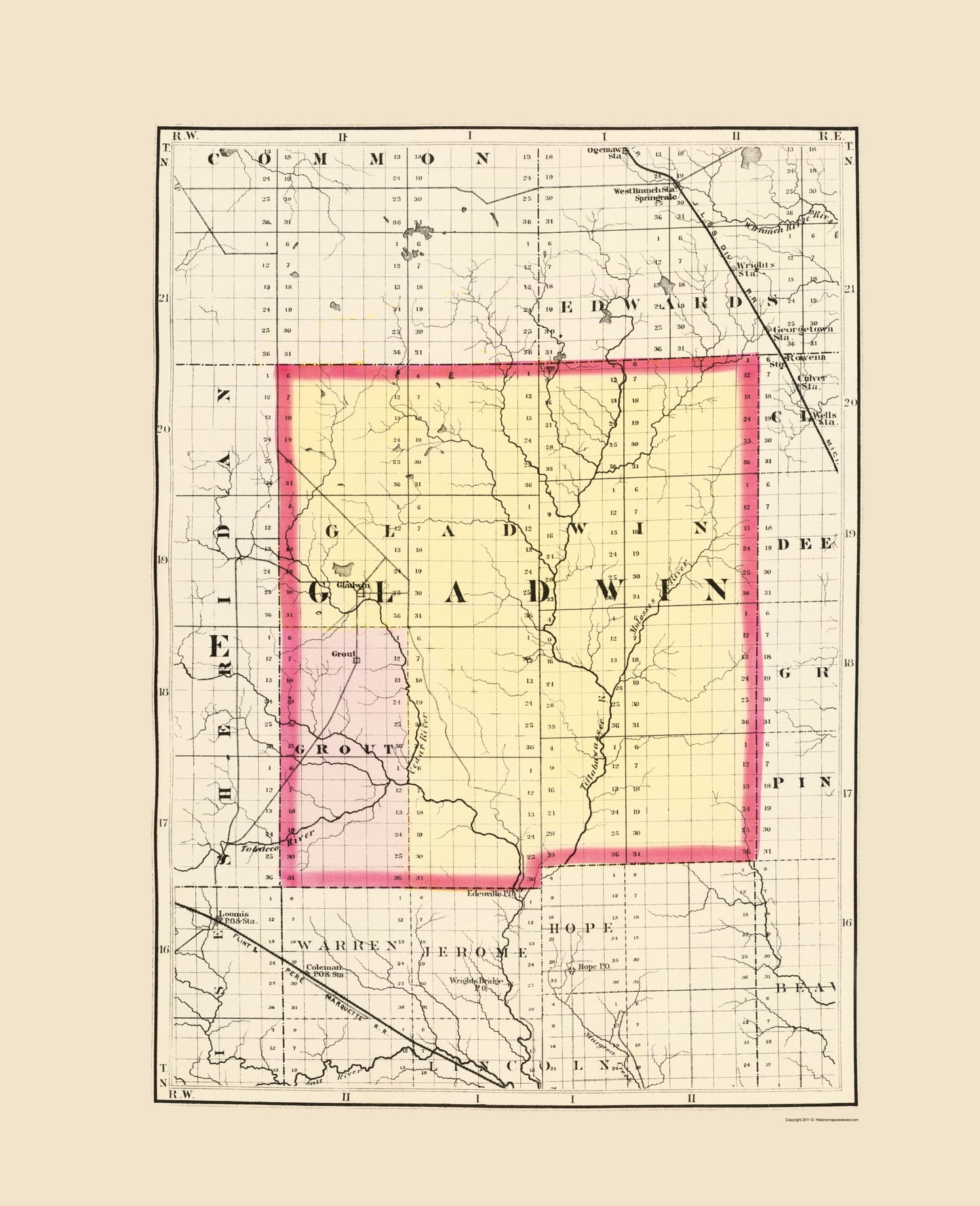 Historic County Map - Gladwin County Michigan - Walling 1873 - 23 x 28.30 - Vintage Wall Art