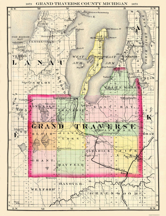Historic County Map - Grand Traverse County Michigan - Walling 1873 - 23 x 30 - Vintage Wall Art