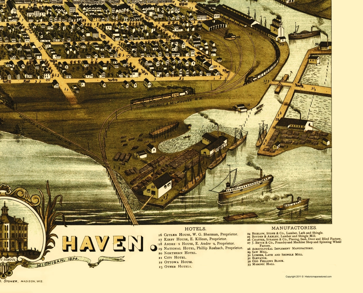 Historic Panoramic View - Grand Haven Michigan - Shober 1874 - 23 x 28.45 - Vintage Wall Art