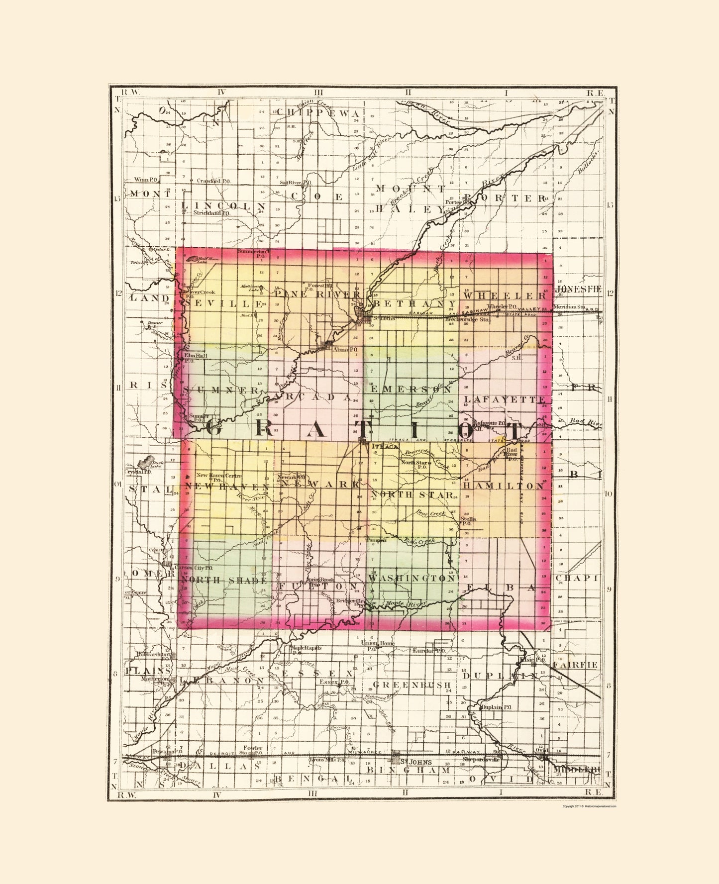 Historic County Map - Gratiot County Michigan - Walling 1873 - 23 x 28.30 - Vintage Wall Art